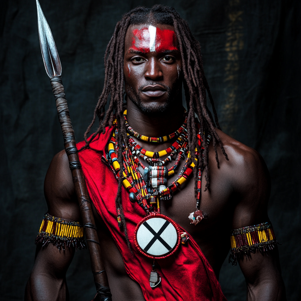 African superhero with Maasai tribe attire and spear