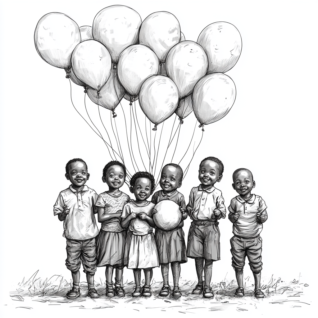 African village children holding balloons in thick outline shapes.