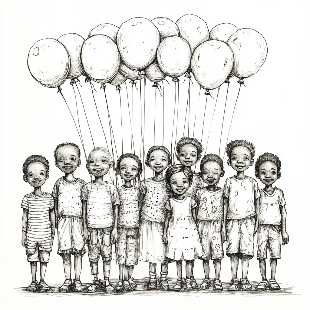 African village children holding balloons on white background -s 250