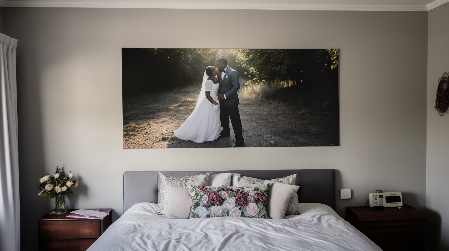 African wedding photos on bedroom wall in South Africa.