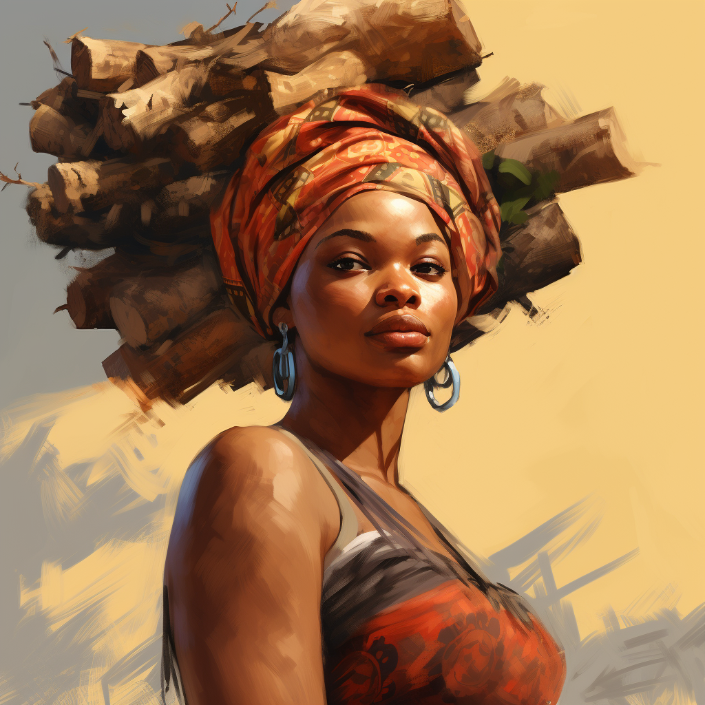 Strong African woman carrying firewood