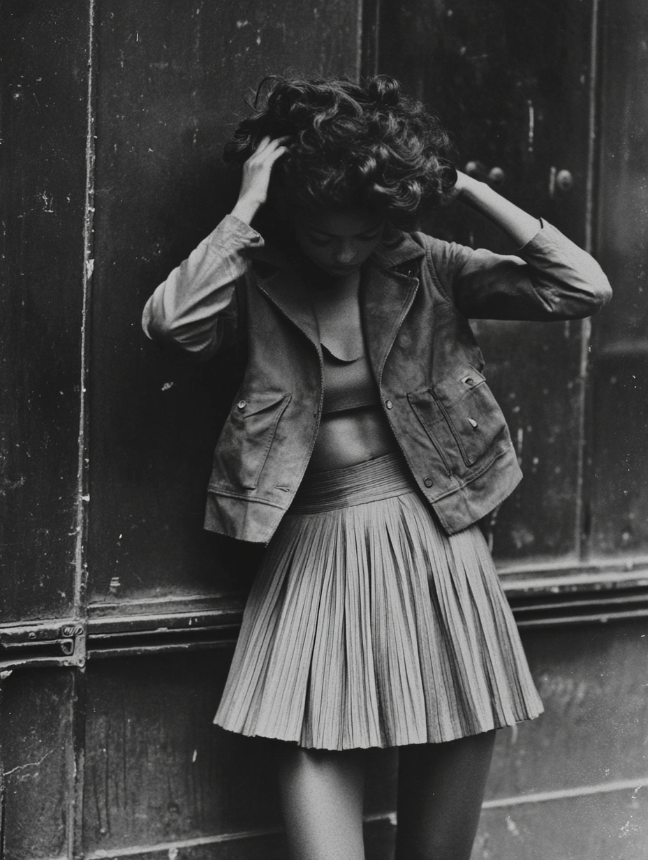 African woman in bomber jacket, skirt pushes hair back.