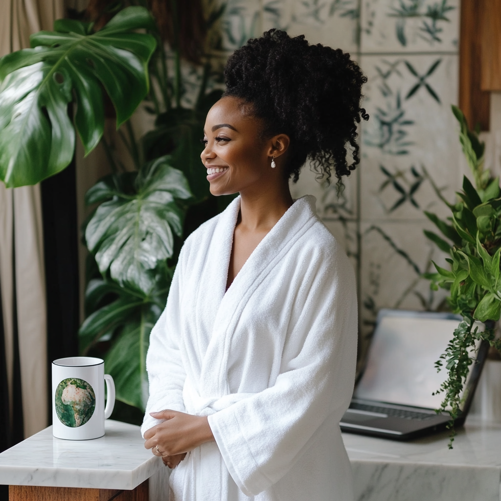 African woman in white robe smiling in plant bathroom.