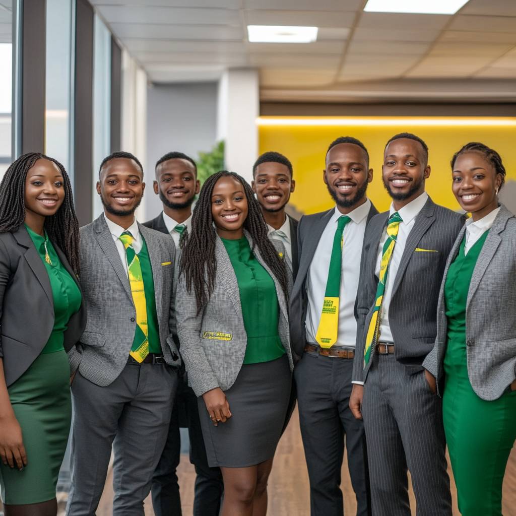 Africans in grey and green clothes smiling image pitch.