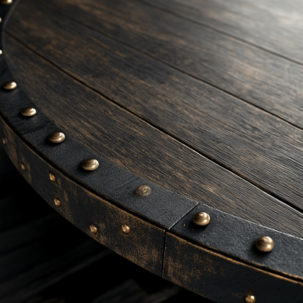 Aged industrial dining table with brass details and oak