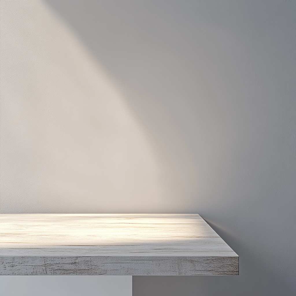 Aged white wooden table with spotlight, minimalist style