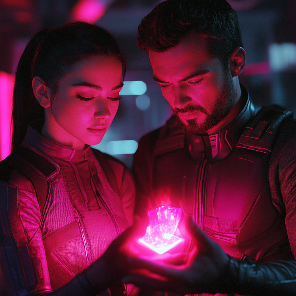 Agents holding glowing magical pill in futuristic setting