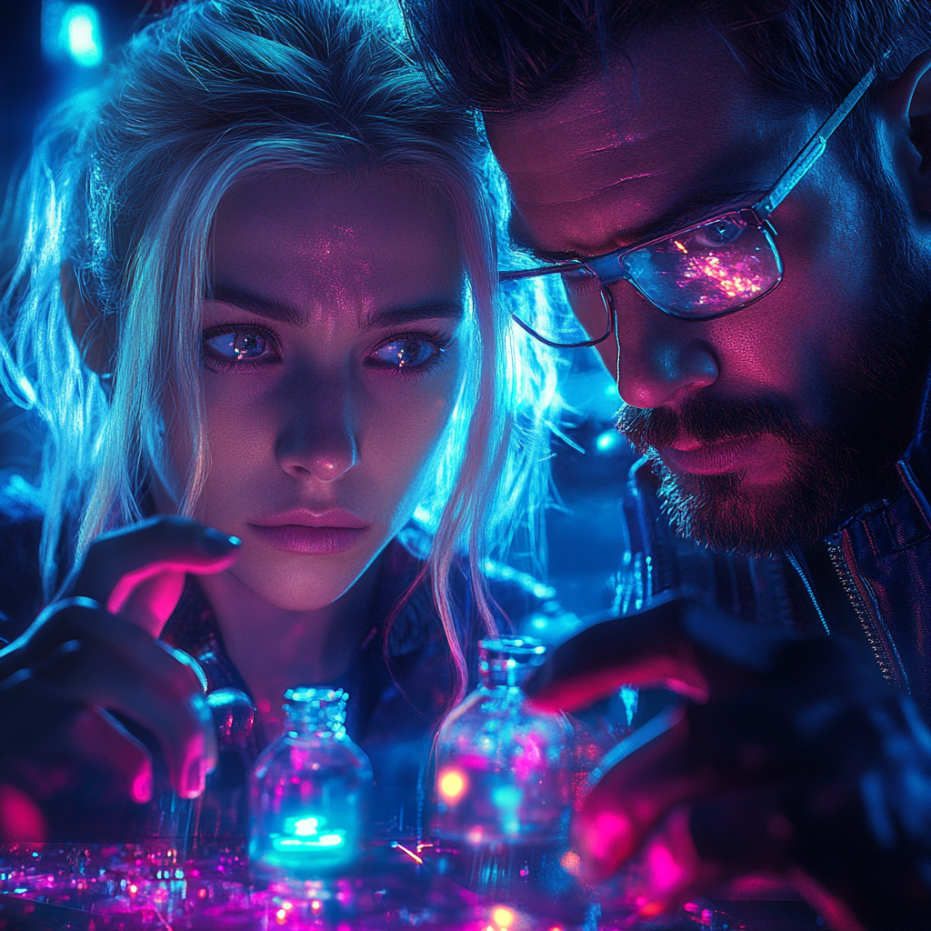 Agents with magical pills in neon sci-fi setting