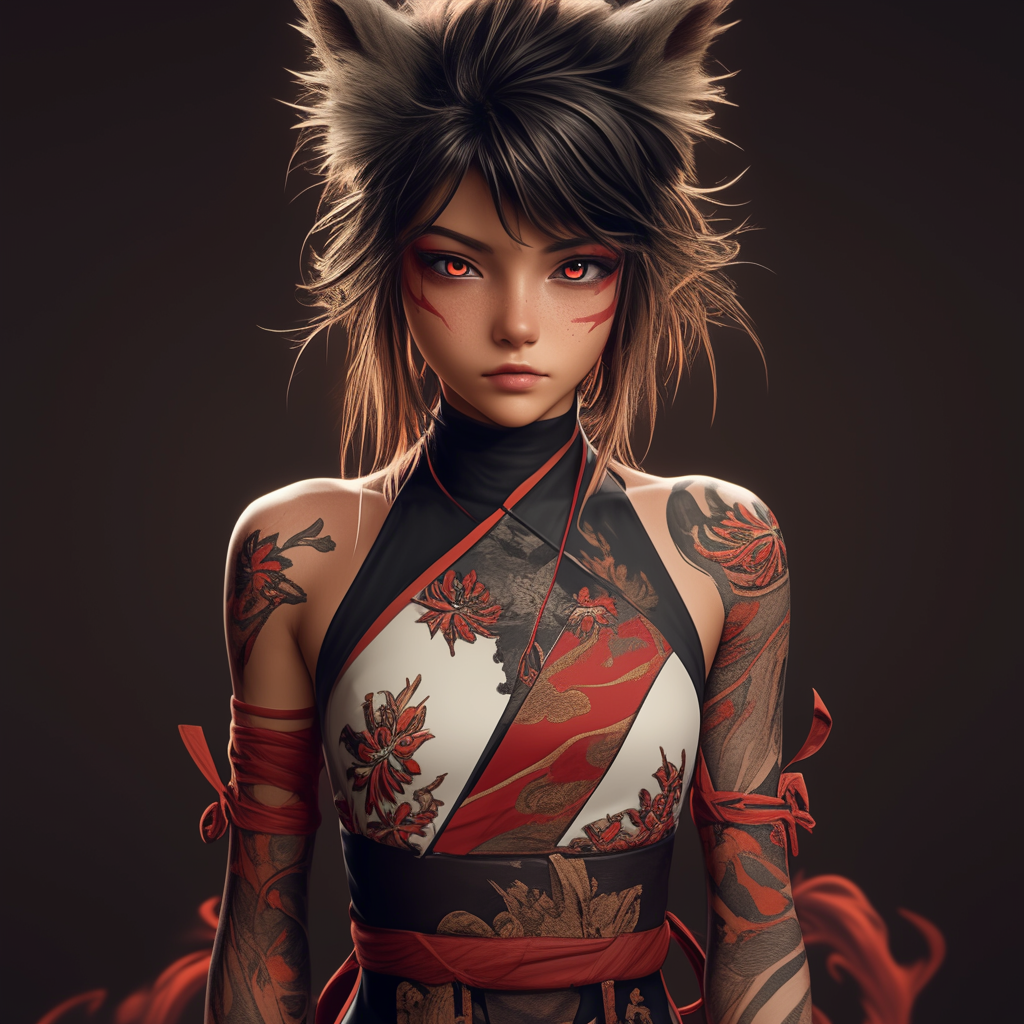 Aggressive kitsune girl in red and white kimono.