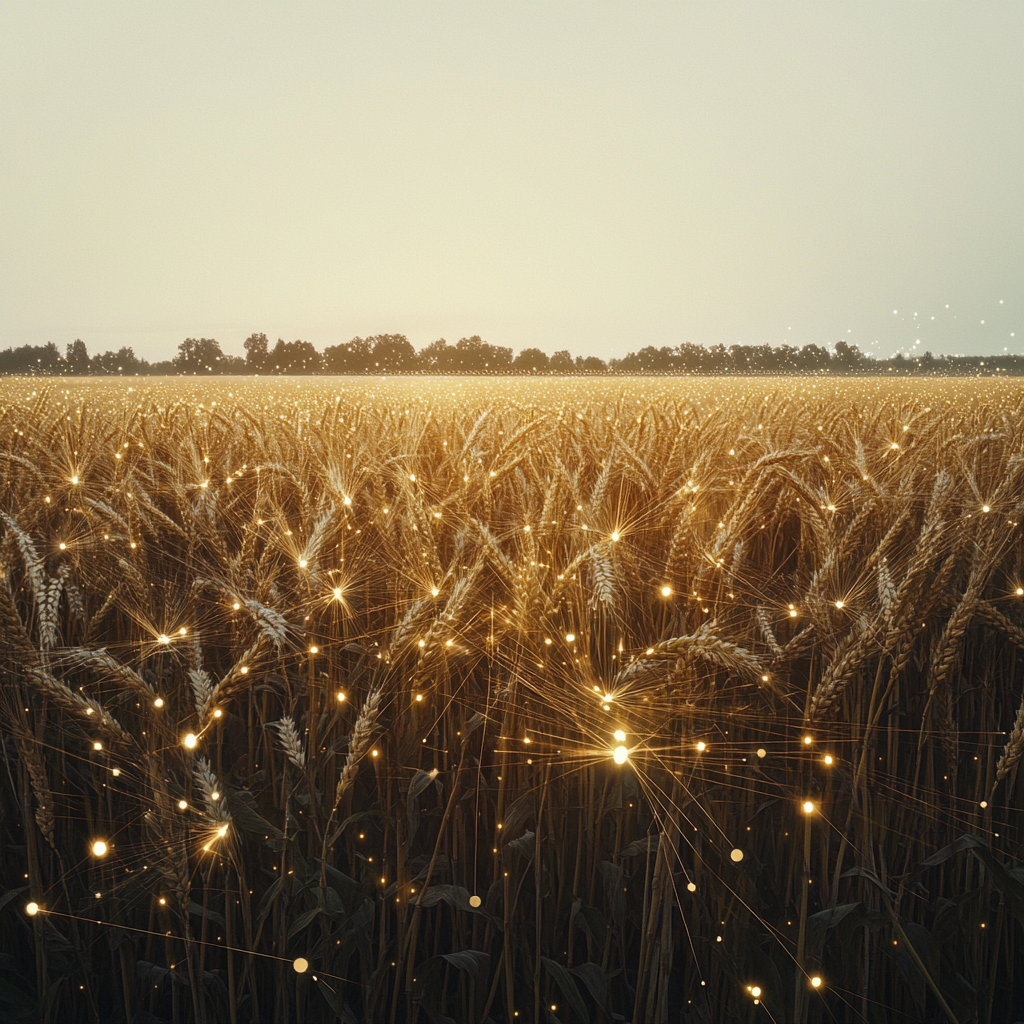 Agricultural field with glowing digital lines connecting wheat stalks.