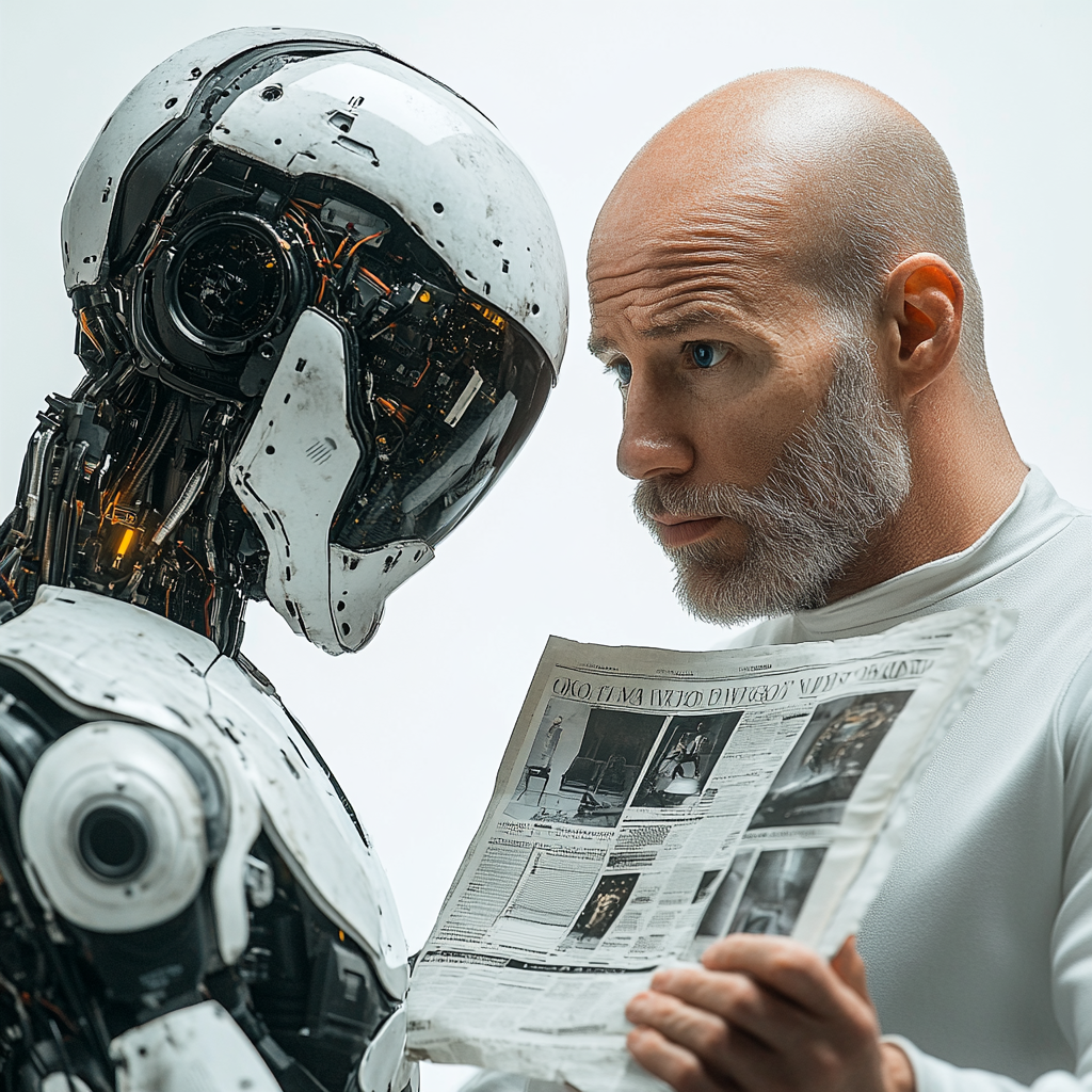 Ai Robot Presents Hologram Newspaper to Bald Swedish Man