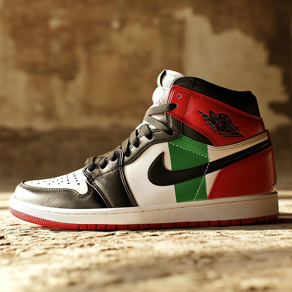 Air Jordan sneakers with red, green, and black flag design.