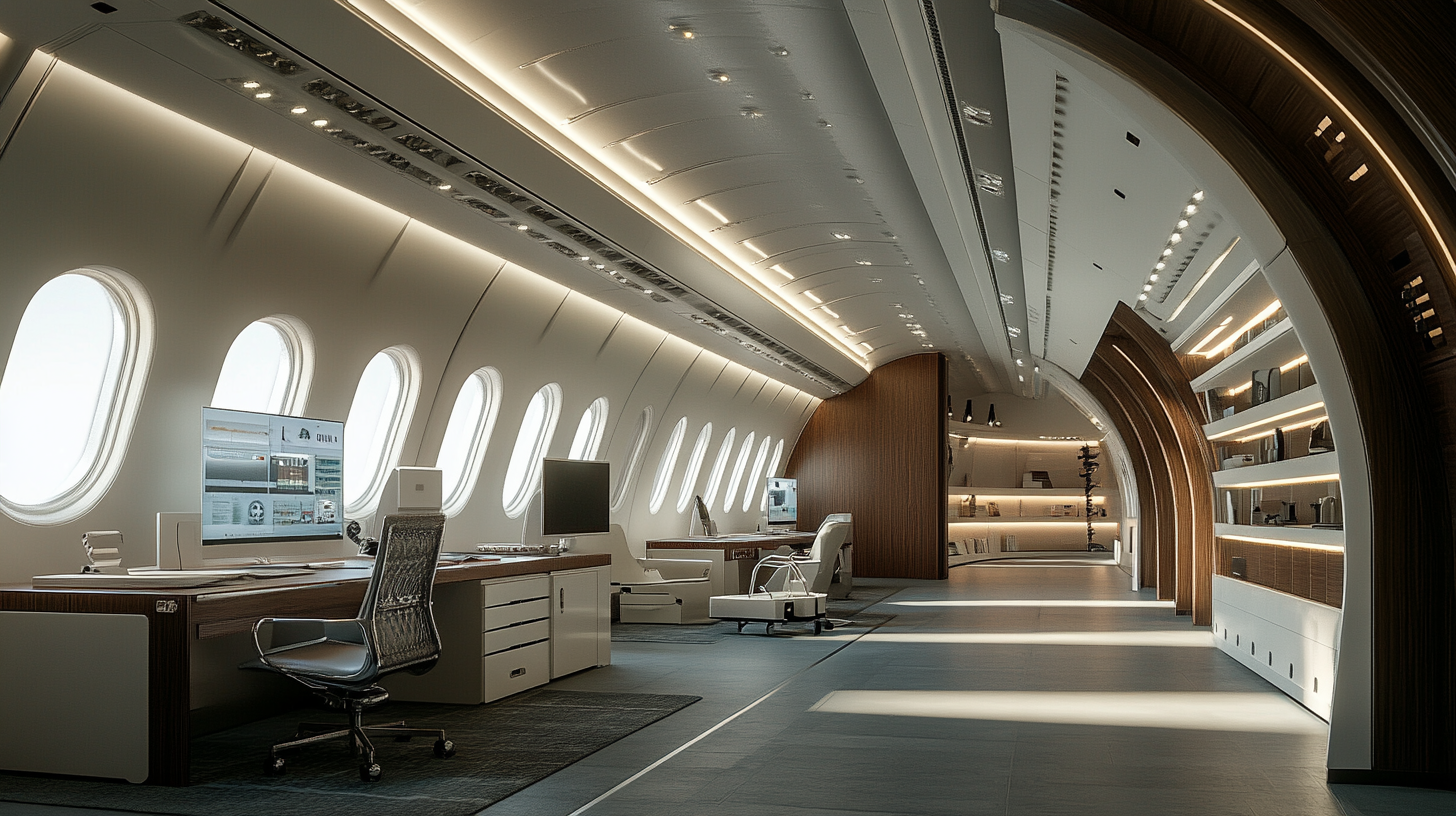 Aircraft interior design studio mock up widebody aircraft.