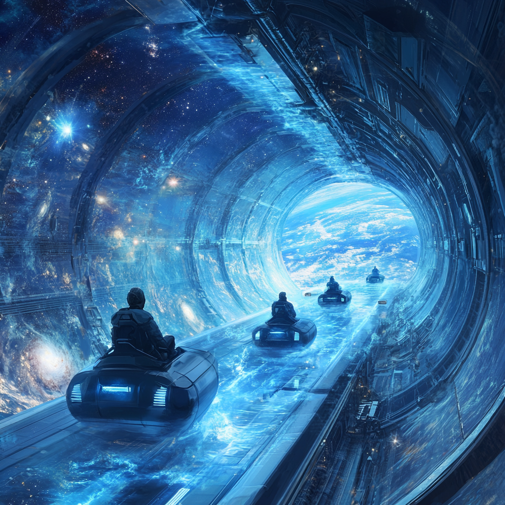 Airflow tunnel connects Earth to planets, people ride vehicles.