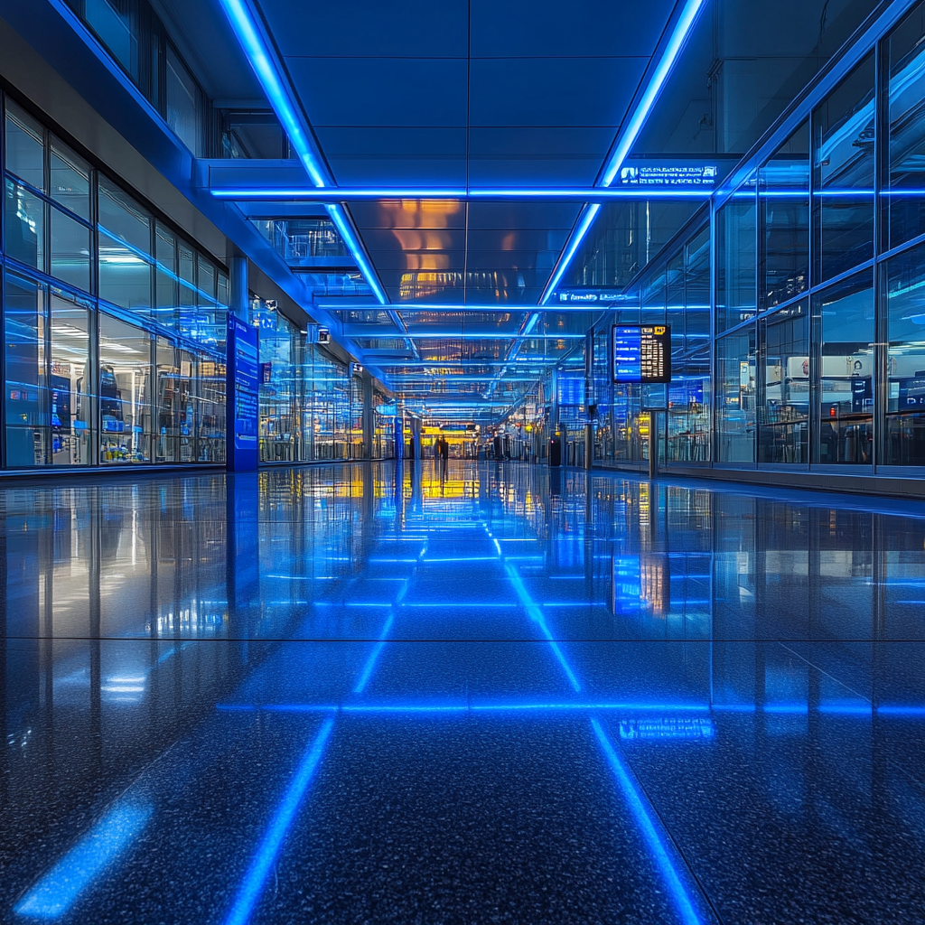 Airport Hamburg, drones patrol security zones, AR billboards hover. Neon lights reflect on shiny metal architecture, security monitors crowds.