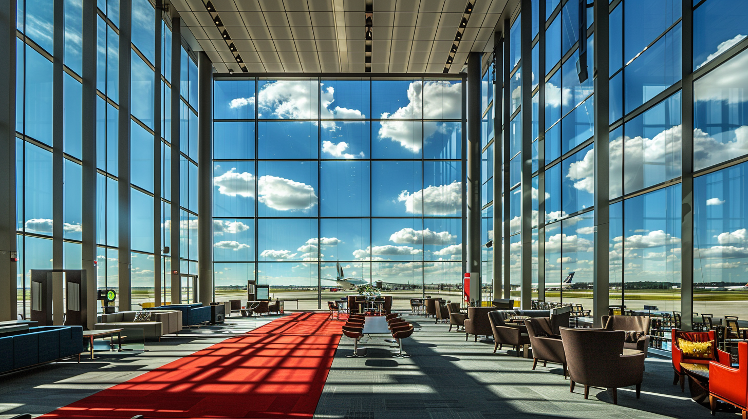 Airport Lounge View with Glass Windows and Airplanes