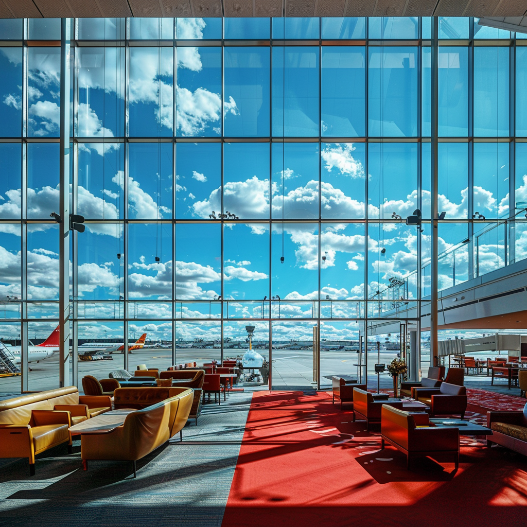 Airport Lounge with Large Windows and Red Carpet