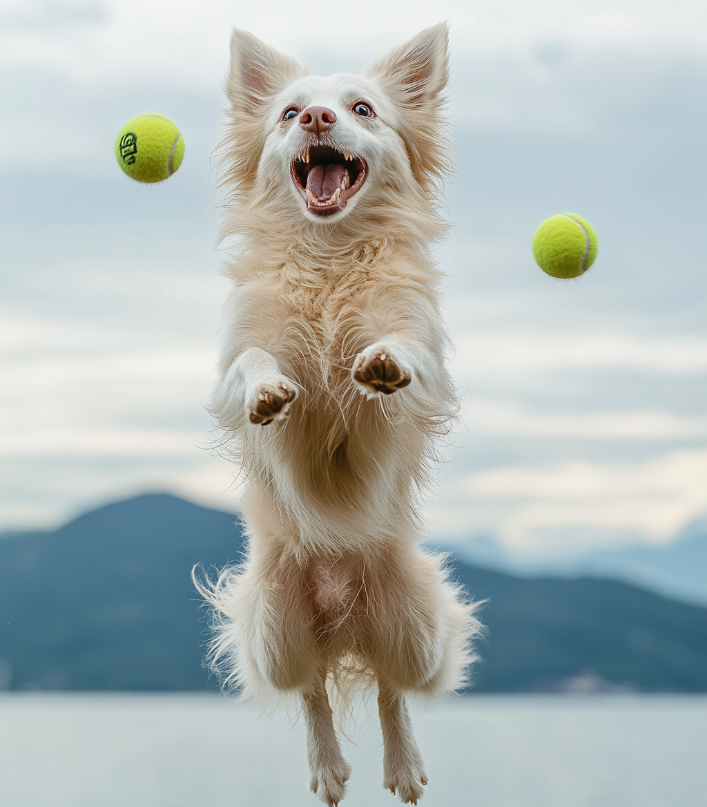 Alabai Dog Catching Tennis Balls on Island