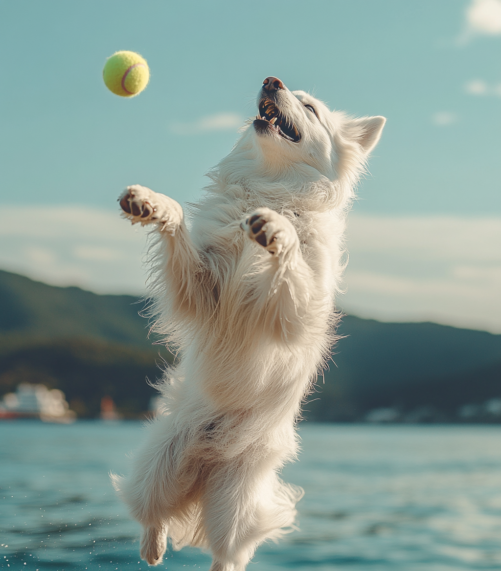 Alabai dog jumps to catch tennis balls