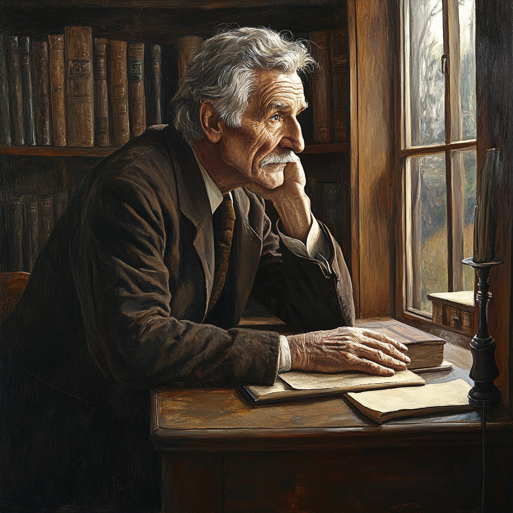 Albert Schweitzer in 20th-century academic attire in study.