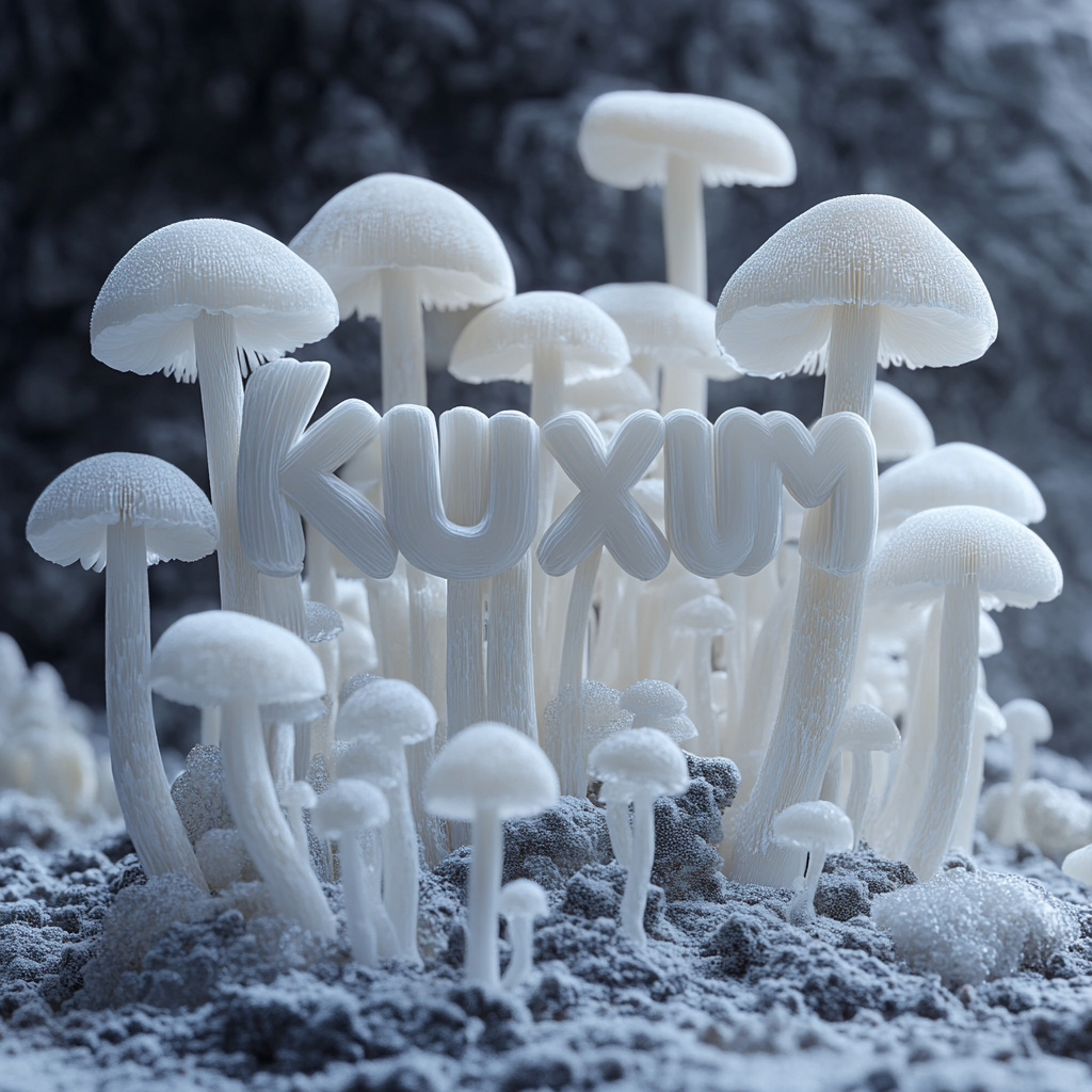 Albino mushrooms spell kuuxum in icy scene.