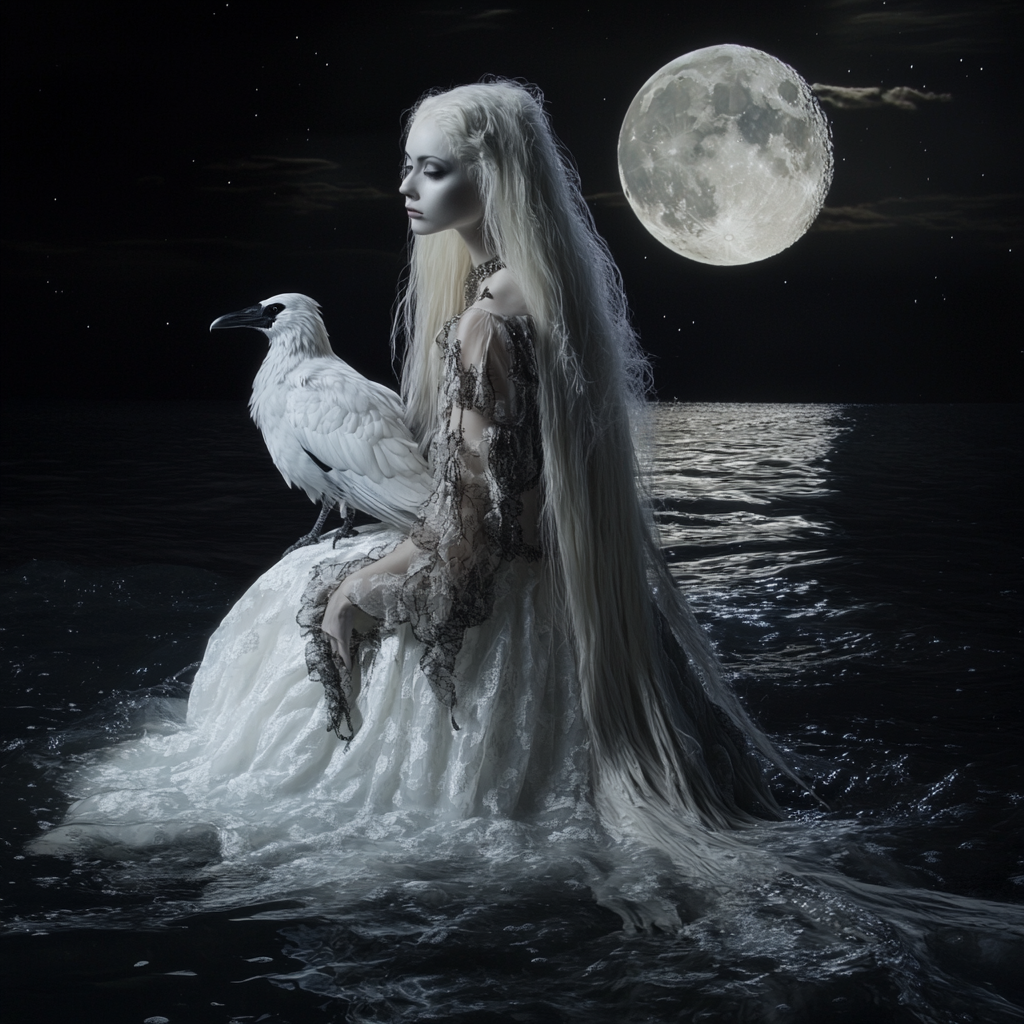 Albinowoman with long white hair in moonlit lake.