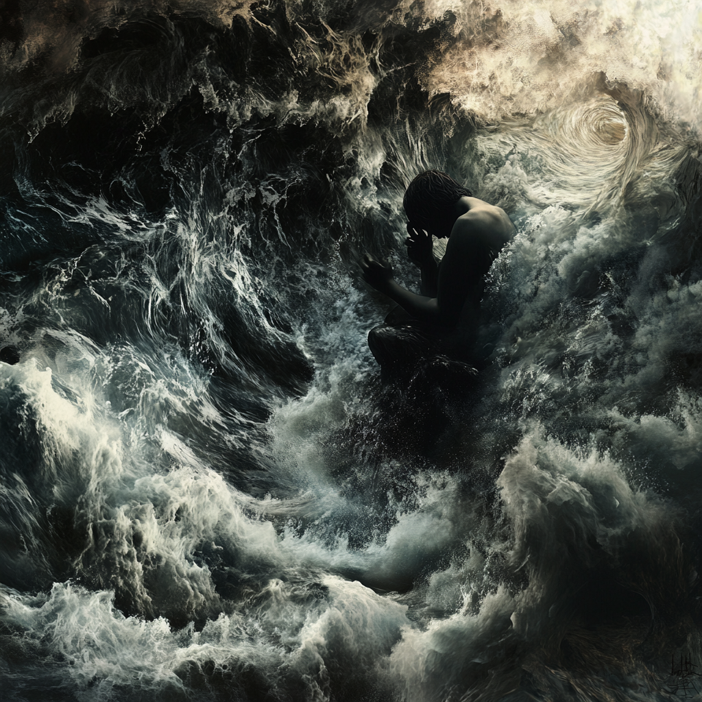 Album Cover Design: Figure Overwhelmed by Crashing Waves