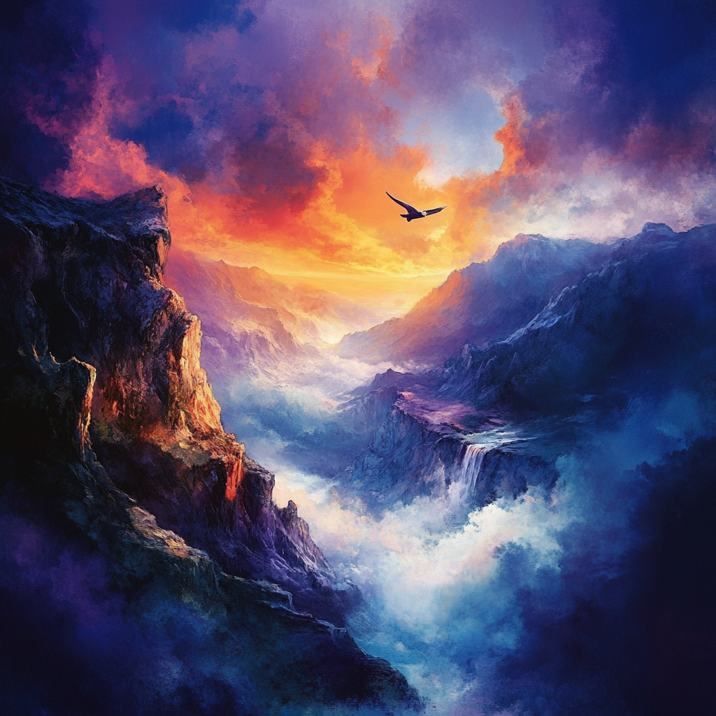 Album cover design: soaring journey over stunning landscape 