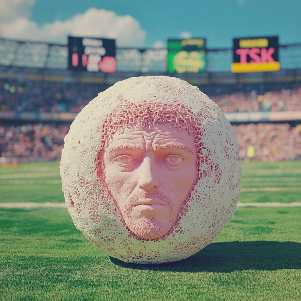 Album cover features man-headed lace soccer ball.