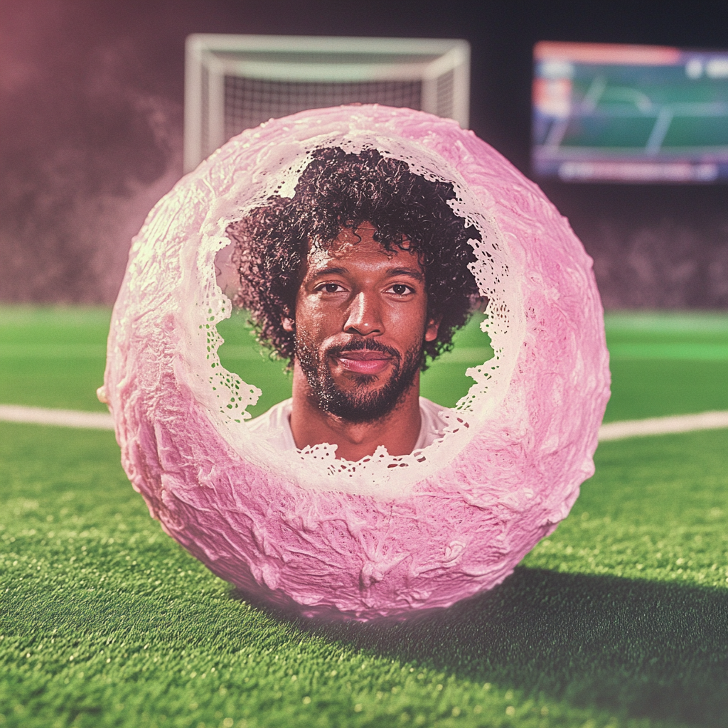 Album cover on green soccer field with pink ball, man with curly hair and FIFA game screen.