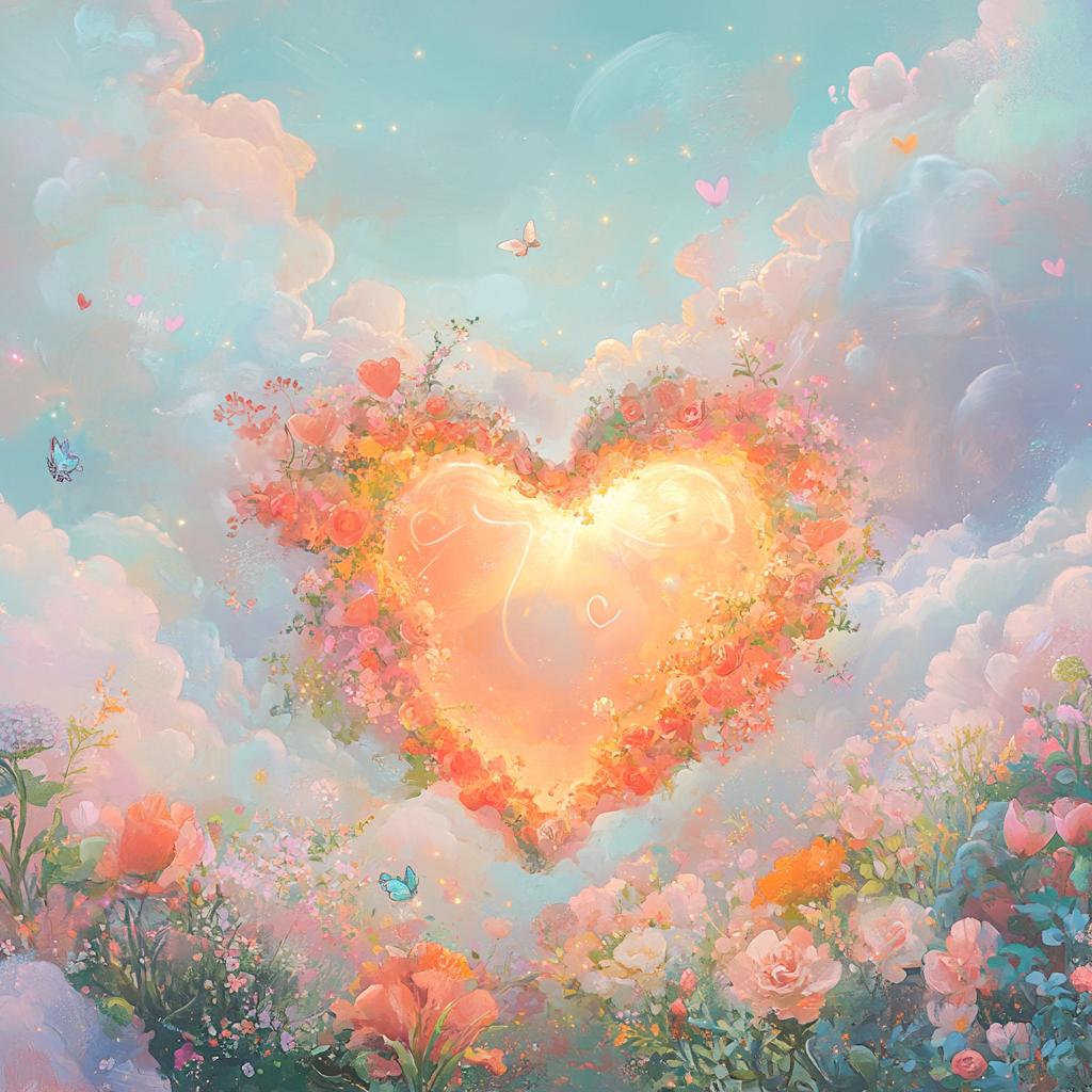 Album cover: garden with blooming flowers, heart-shaped, warmth.