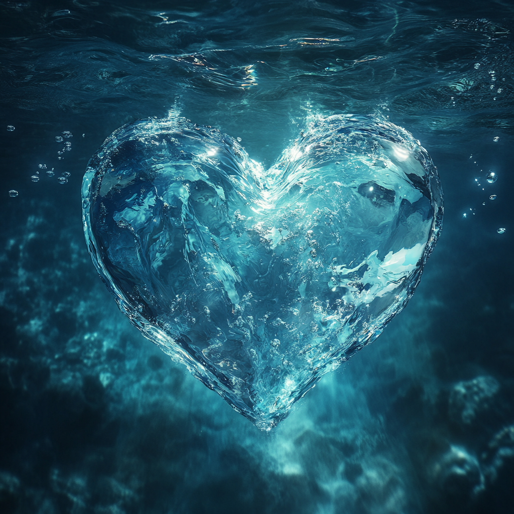 Album cover: heart of water with serene setting.