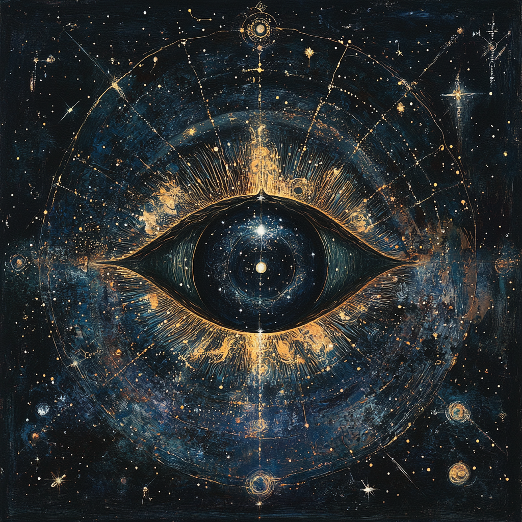 Album cover: mystical eye with celestial patterns, glowing subtly.