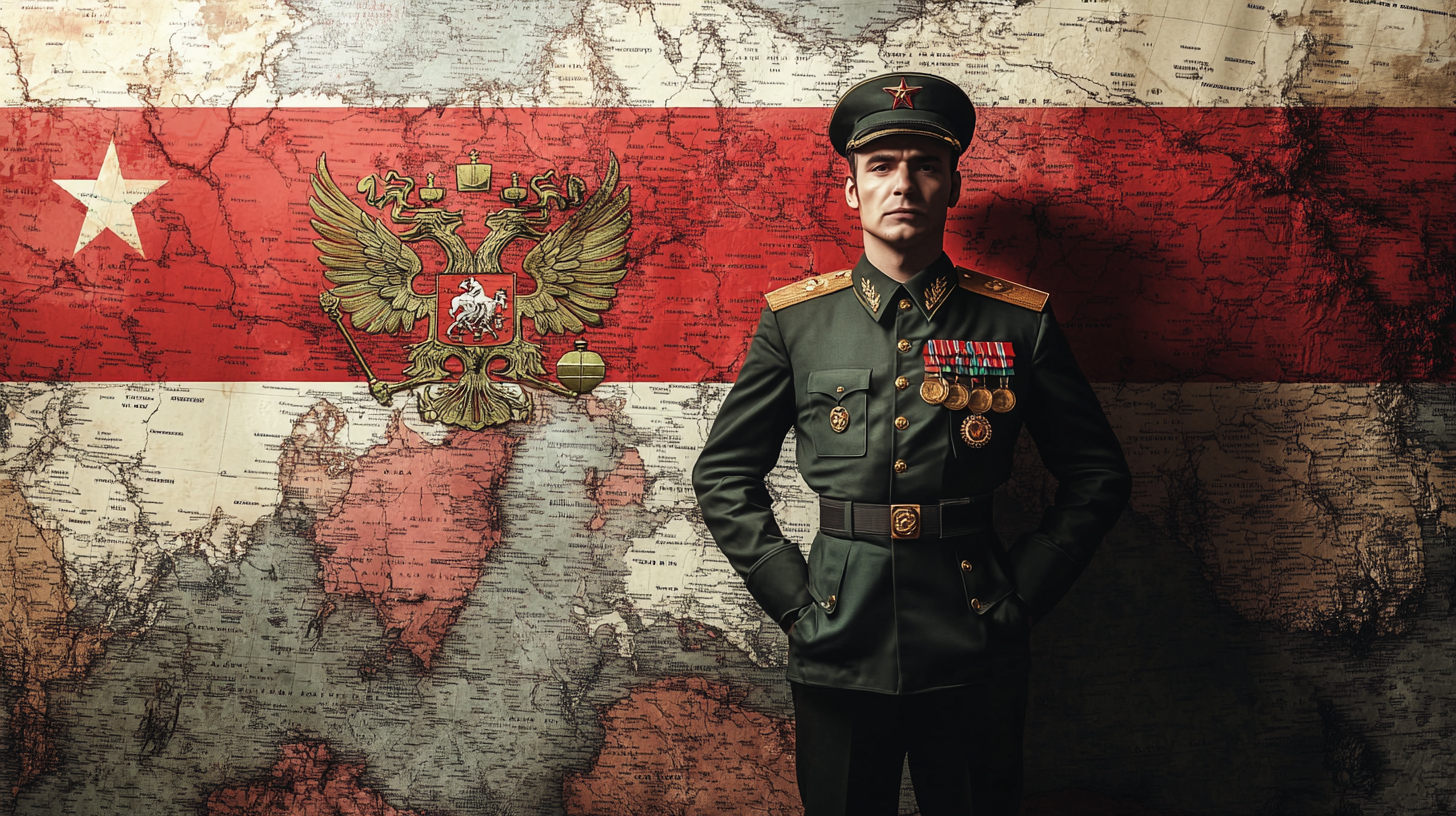 Alejandro Kolchak in military uniform on Russian map