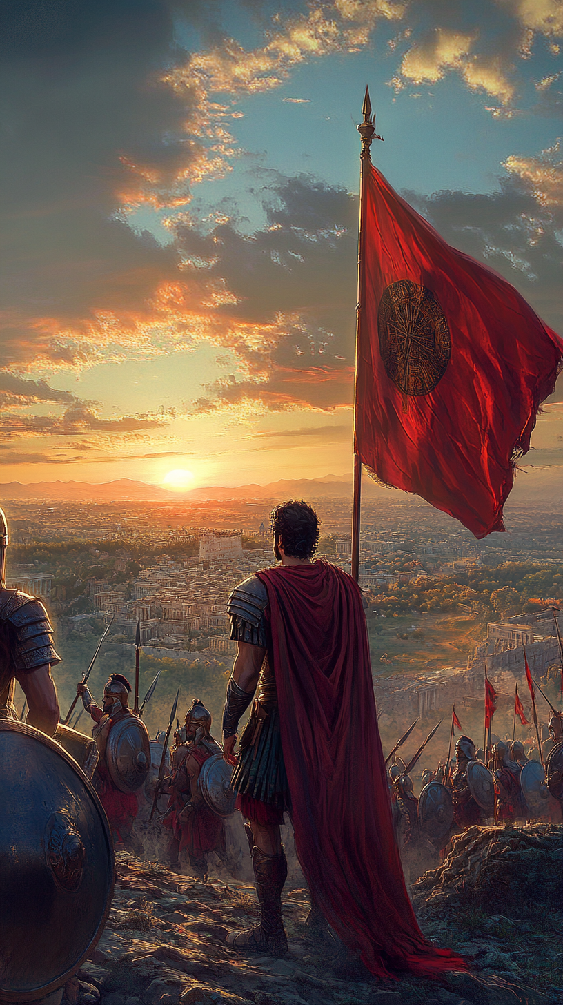 Alexander the Great overseeing captured city at sunset.