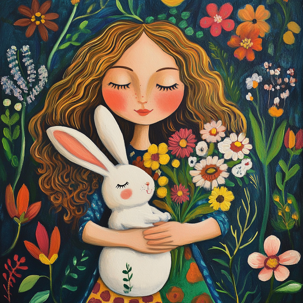 Alice in Wonderland illustration: girl with rabbit, flowers.