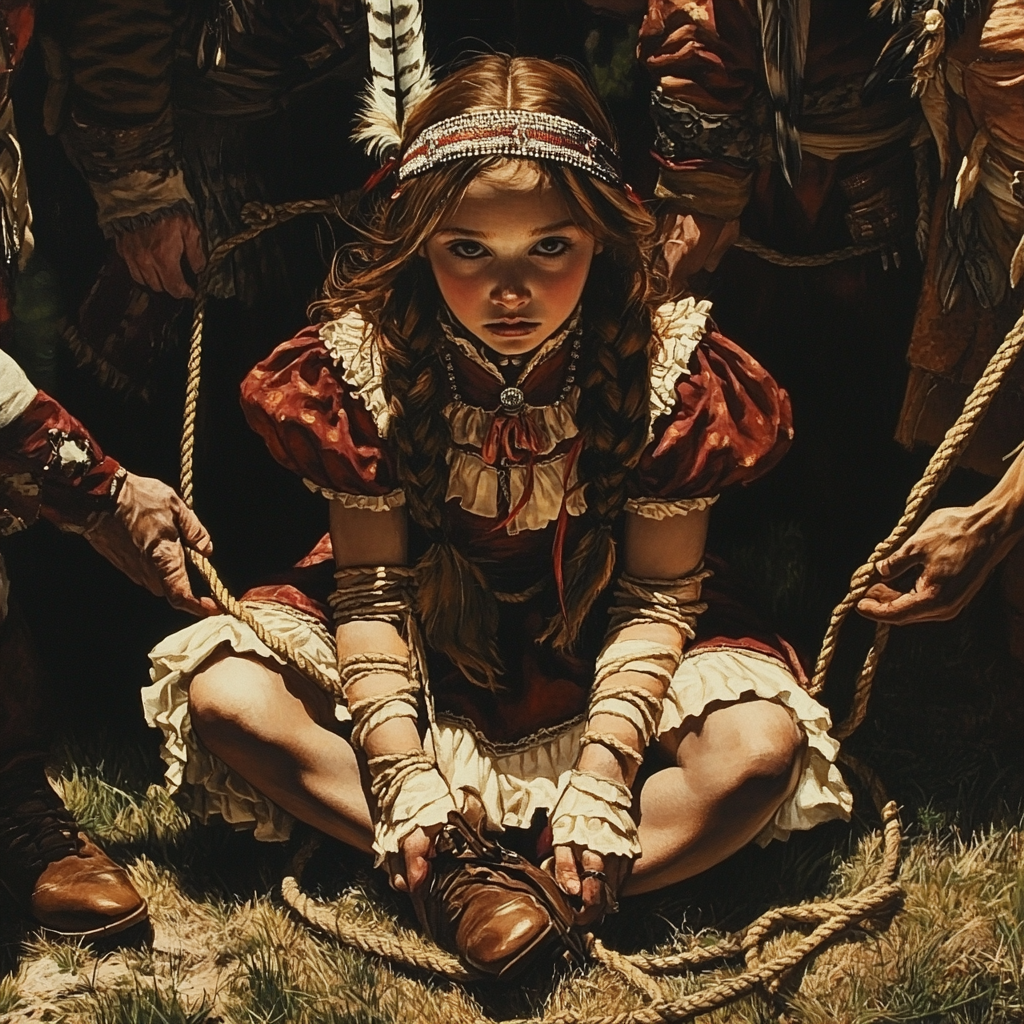 Alice tied up by Indians with menacing looks.