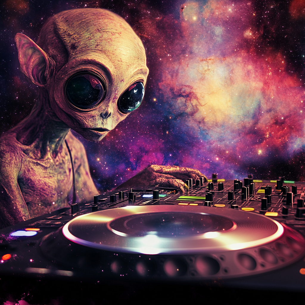 Alien DJ in Space with Surrealism and Utopism