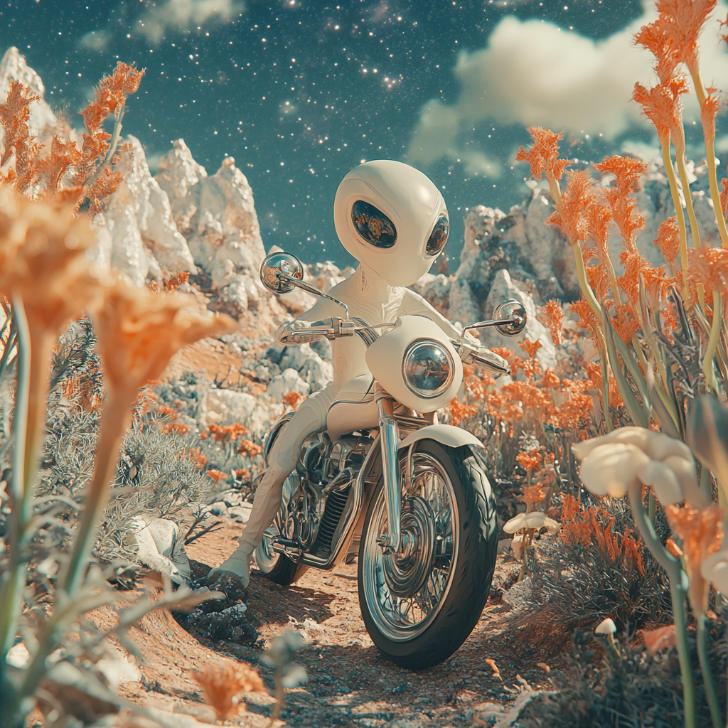 Alien Guarding Motorcycle in Extraterrestrial World