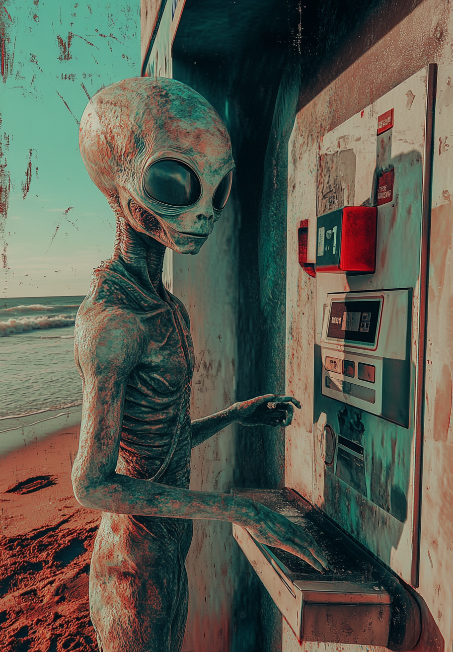 Alien Using ATM by the Sea from Above