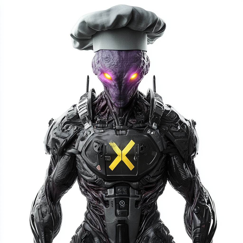 Alien chef in X armor with purple tint eyes