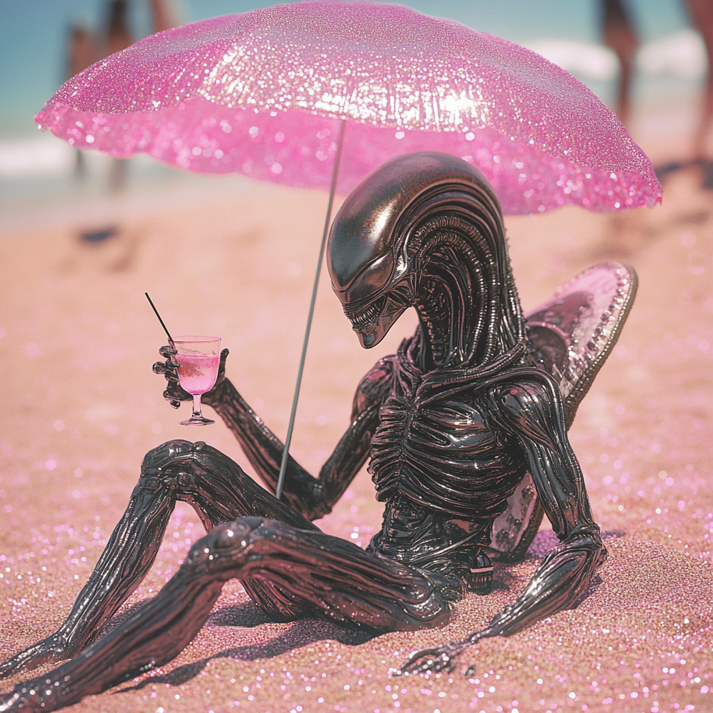 Alien creature relaxing on pink glitter beach with cocktail.