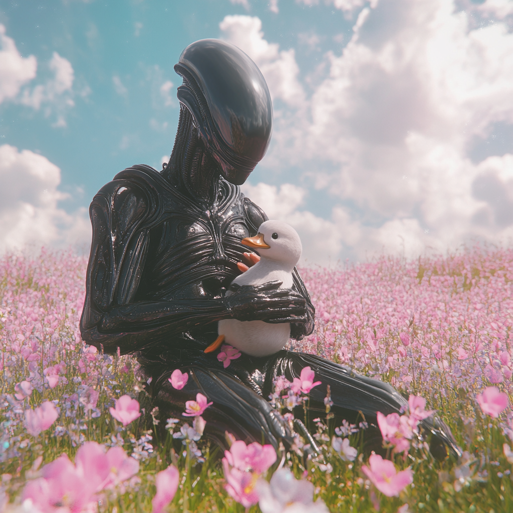 Alien creature with otter in flower field wallpaper