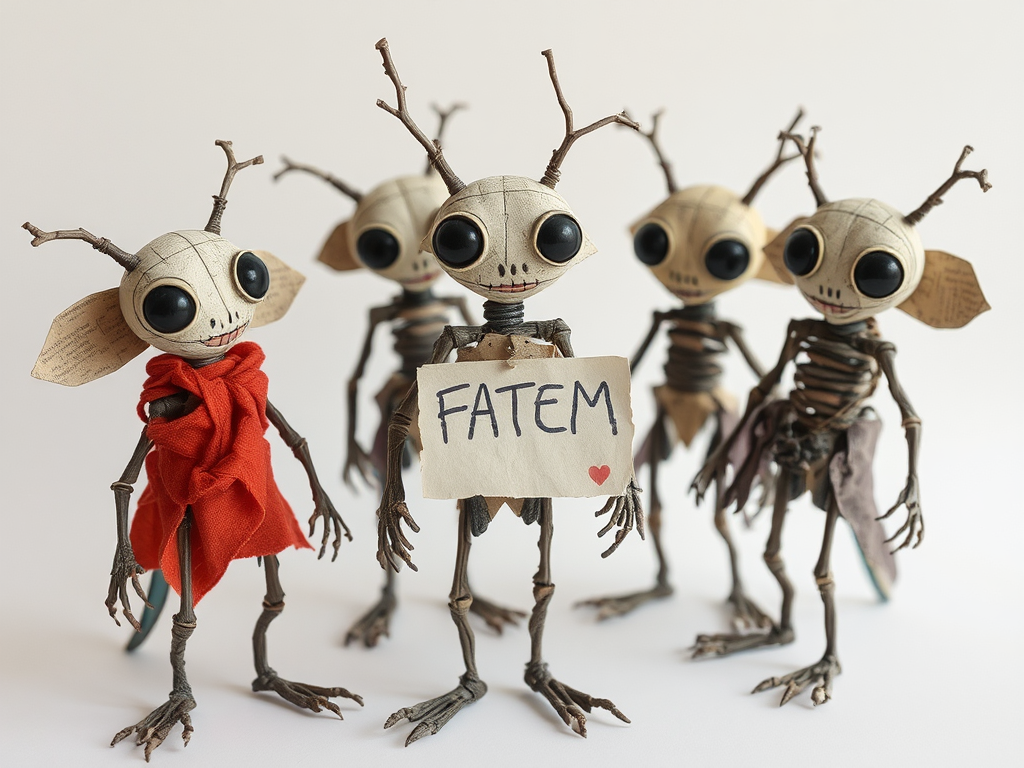 Alien creatures made of paper and twigs with message.