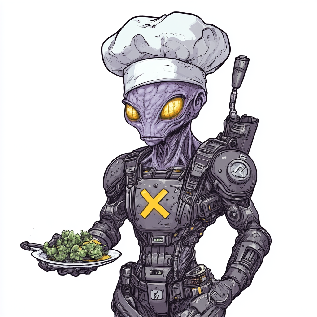 Alien in armor and chef hat with X logo.