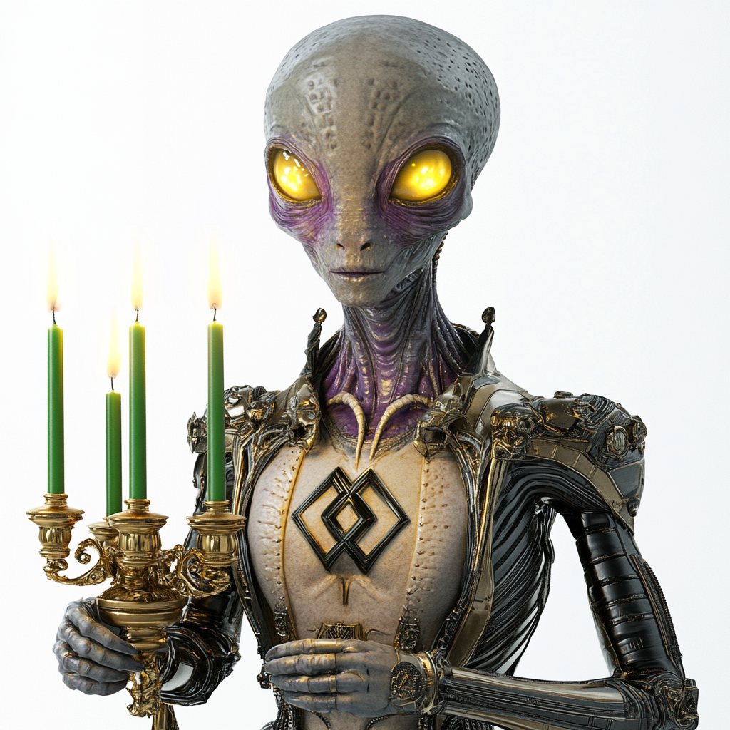 Alien in armor holding candlebra with green candles.