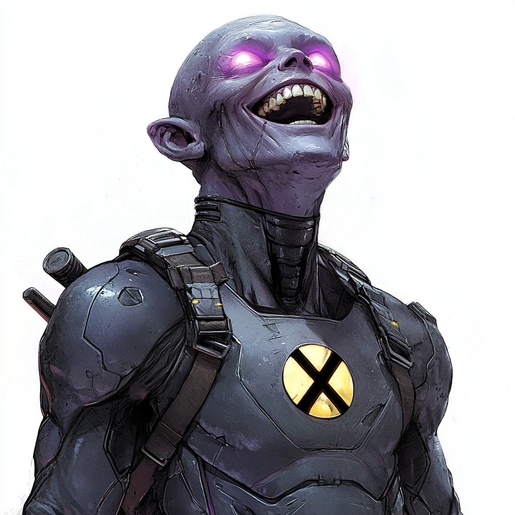 Alien in armor with X symbol laughing.