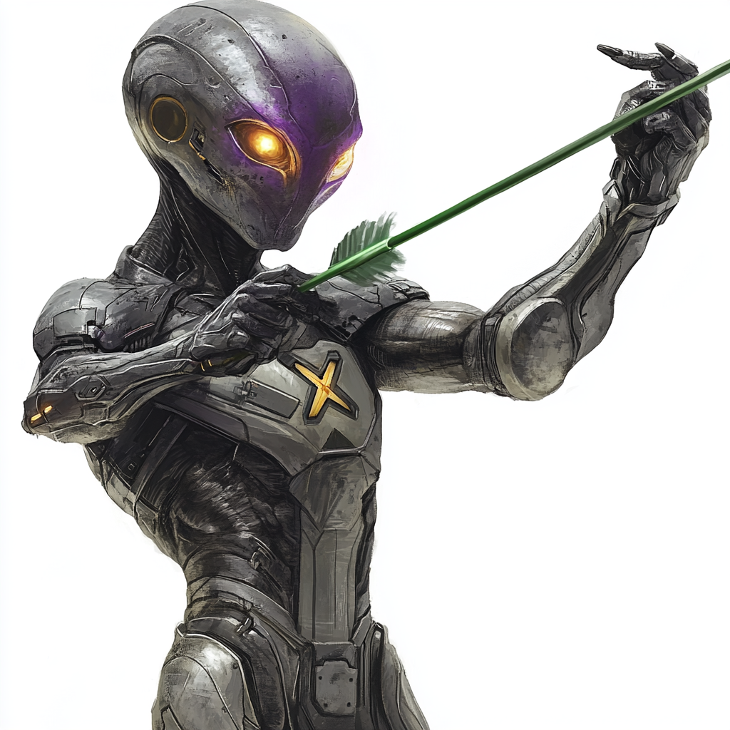 Alien in armor with yellow eyes looks up arrow.