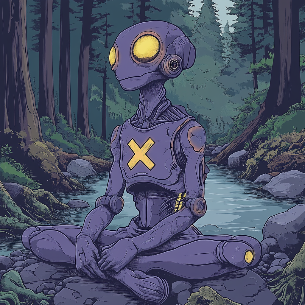 Alien in body armor with X symbol in forest