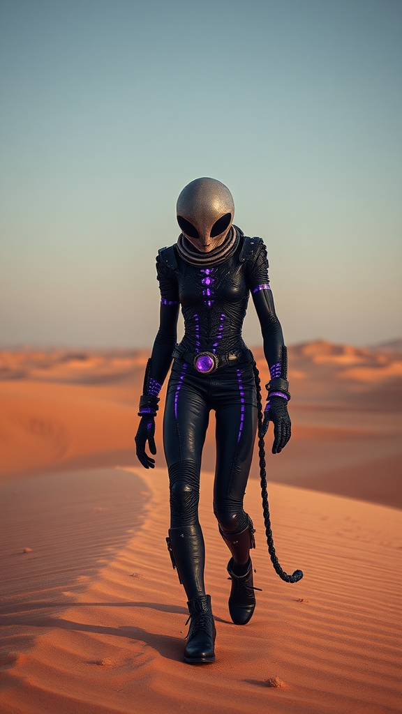 Alien in futuristic clothes walking in glowing desert.